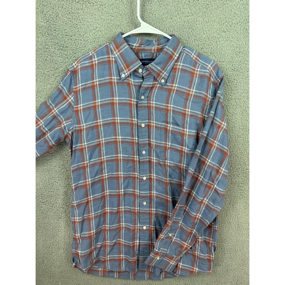 Proper Cloth Shirt Men Large Blue Red Plaid %100 Linen Button Down Casual Preppy